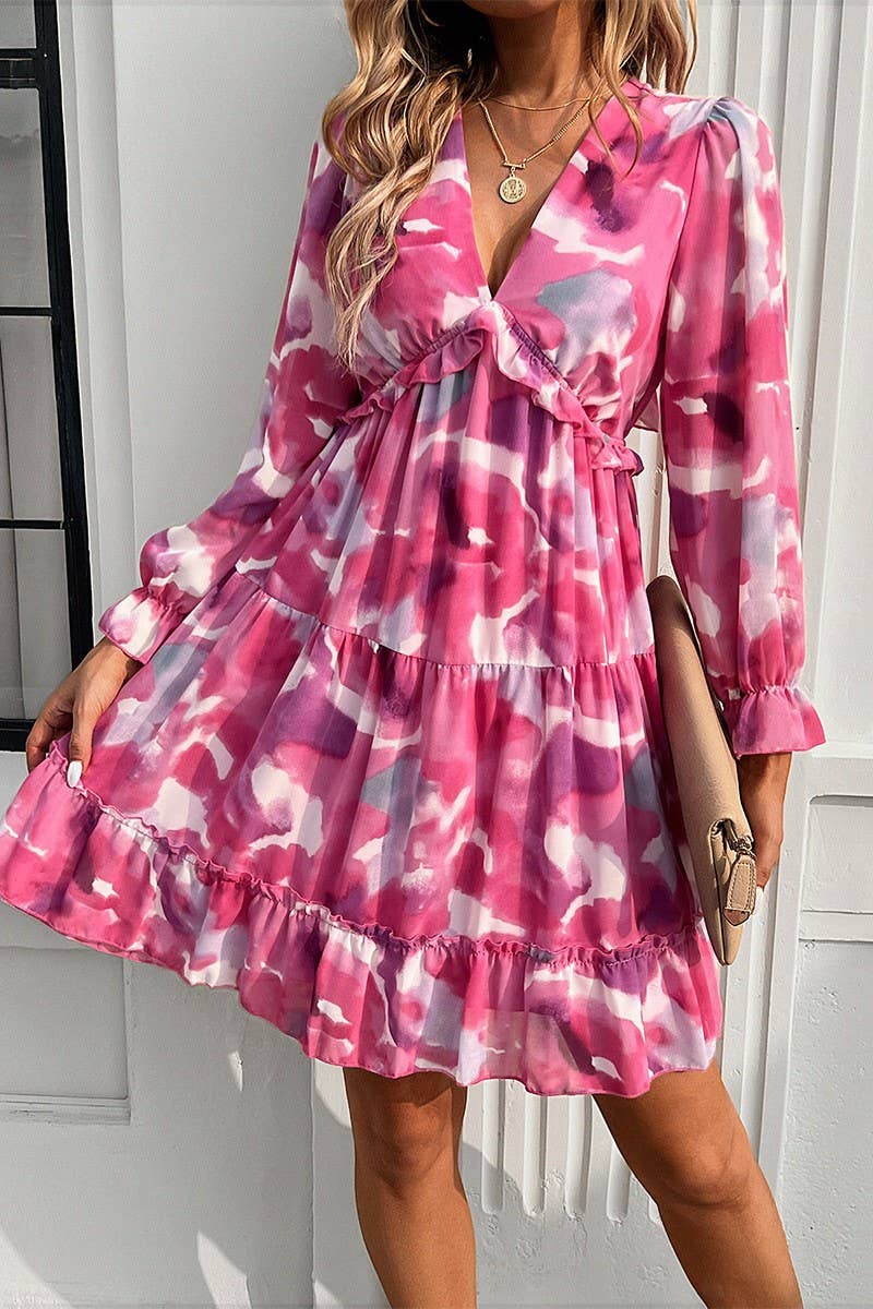 CWDSD7137_ELEGANT PRINTED V NECK LONG SLEEVE DRESS