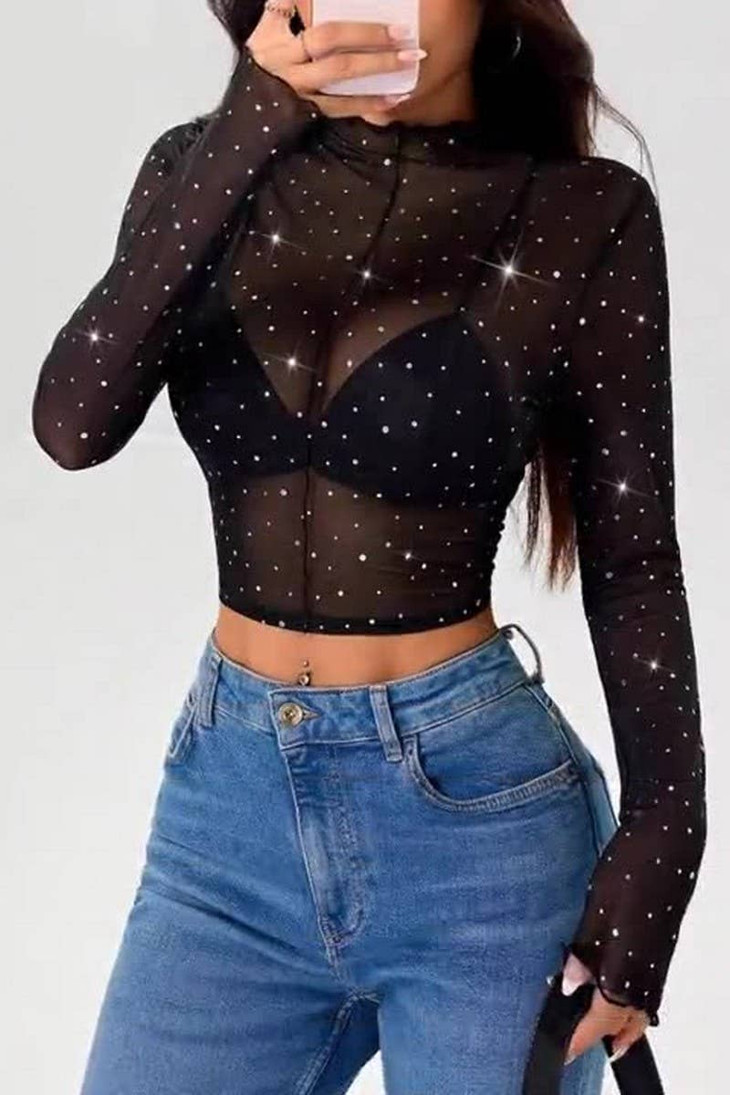CWTBLL3929_SHEER MESH SEQUIN MOCK NECK LONG SLEEVE TOP