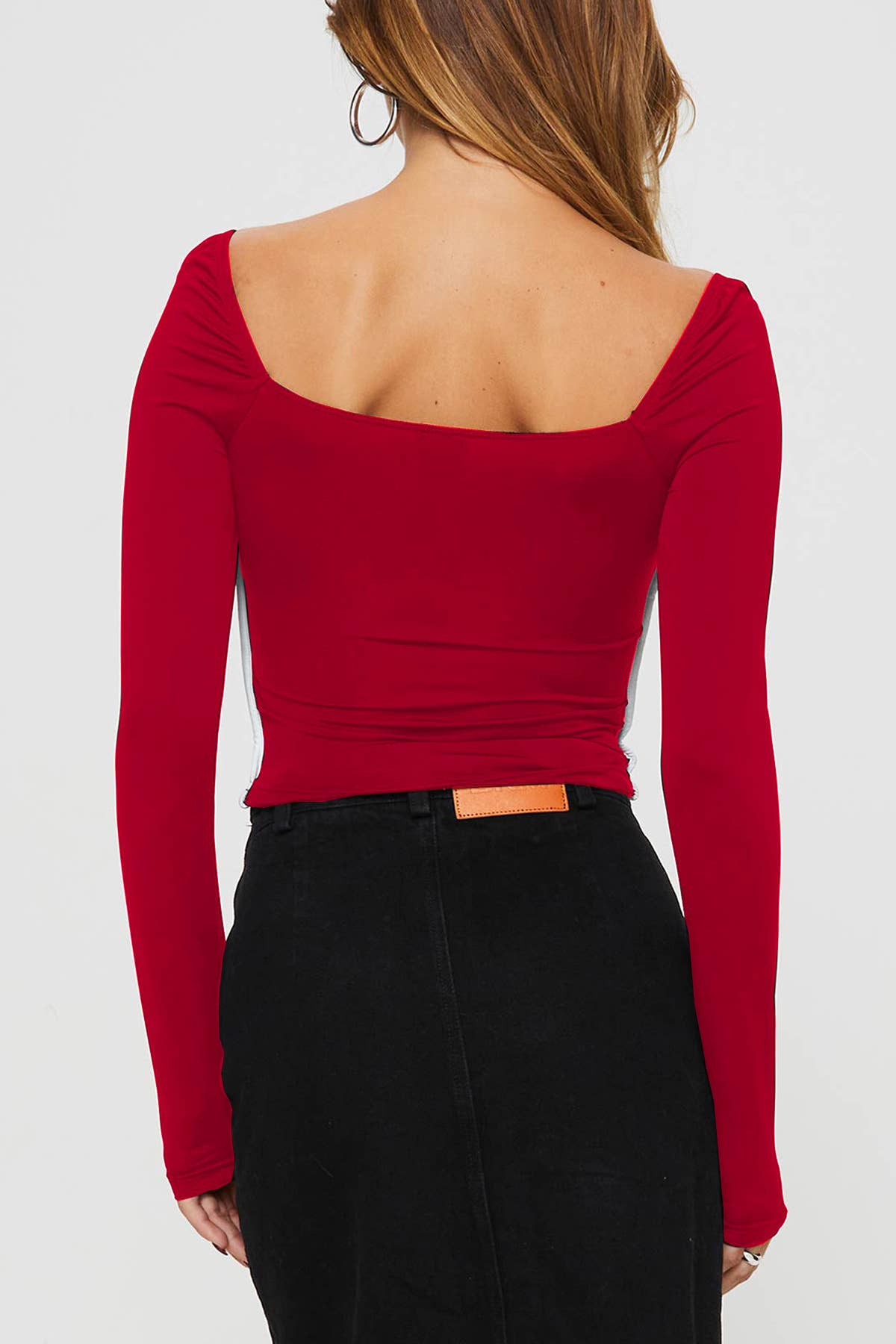 COLOR CONTRAST PATCHWORK SQUARE COLLAR SLIM SHIRT