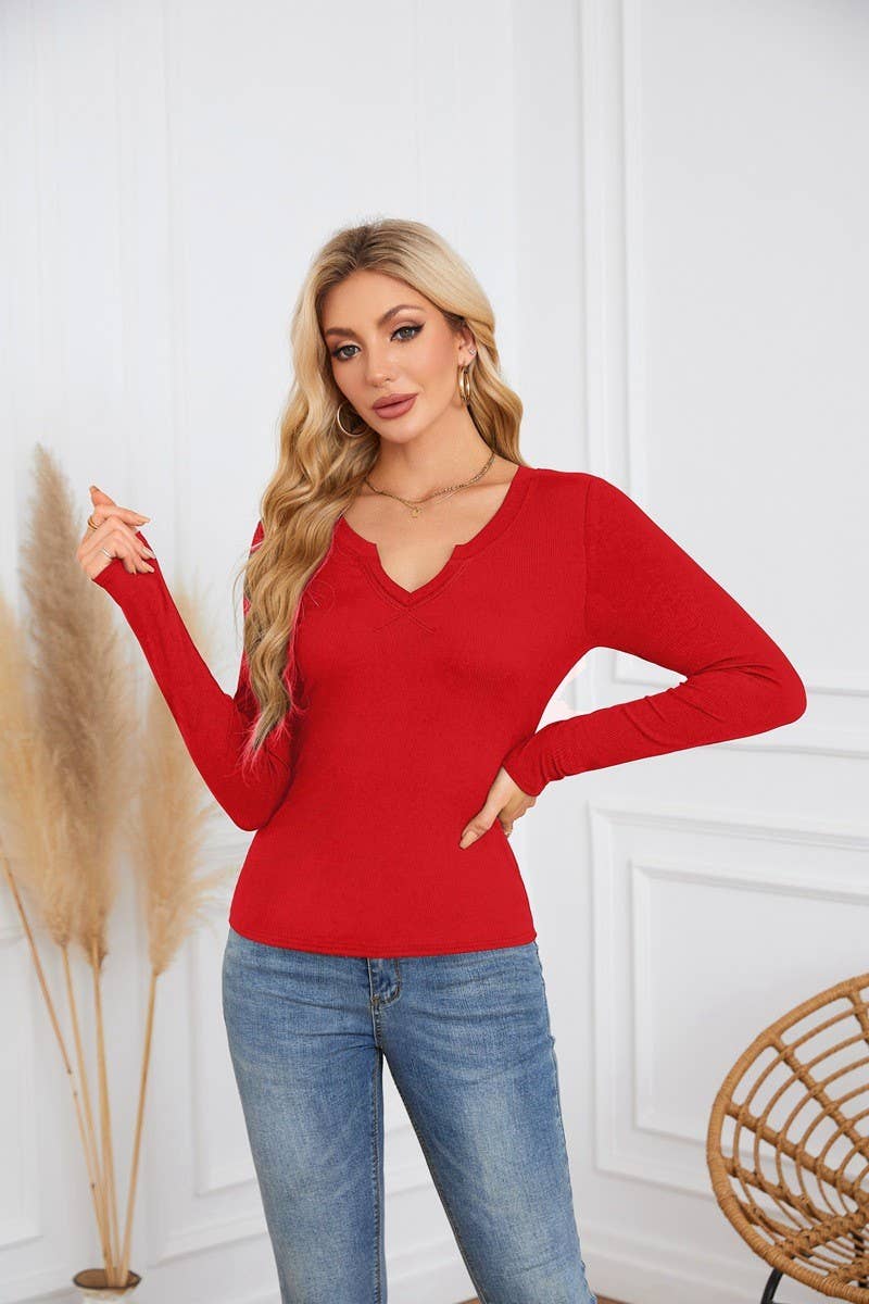 CWTBLL4097_DEEP U-NECK CROSS-OVER LONG-SLEEVED T-SHIRT TOP