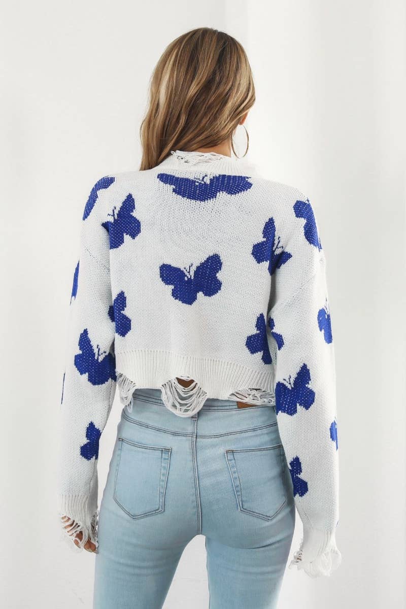 CWOSWL6376_RIPPED BUTTERFLY JACQUARD LONG-SLEEVED SWEATER