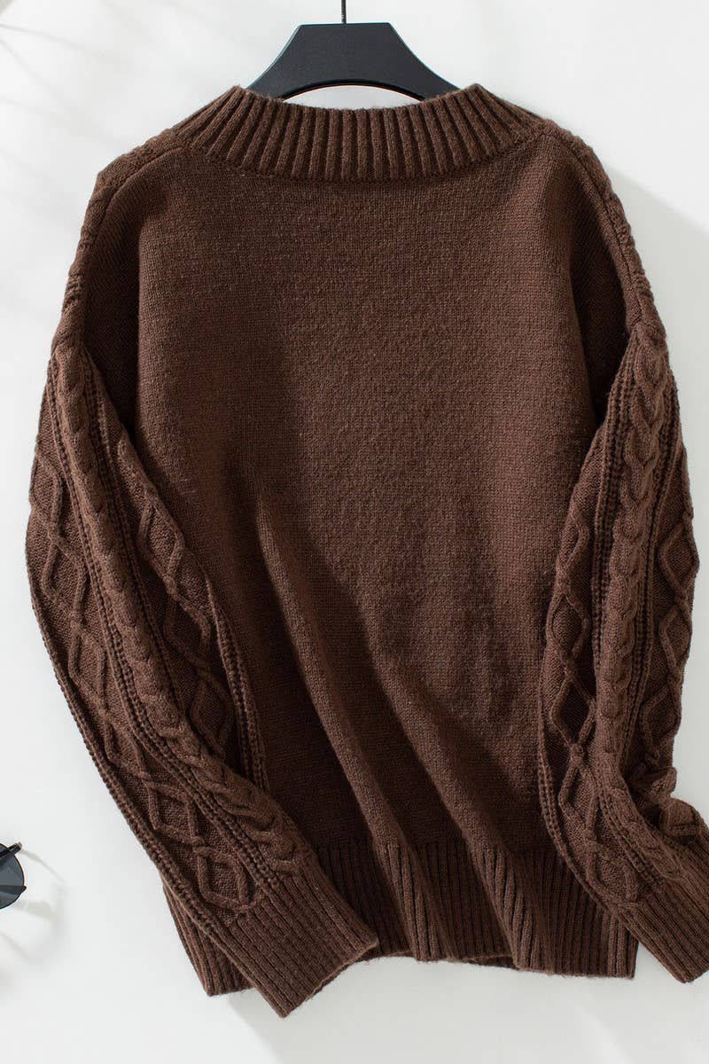 CWOSWL2827_SOLID COLOR CABLE KNIT PULLOVER SWEATER