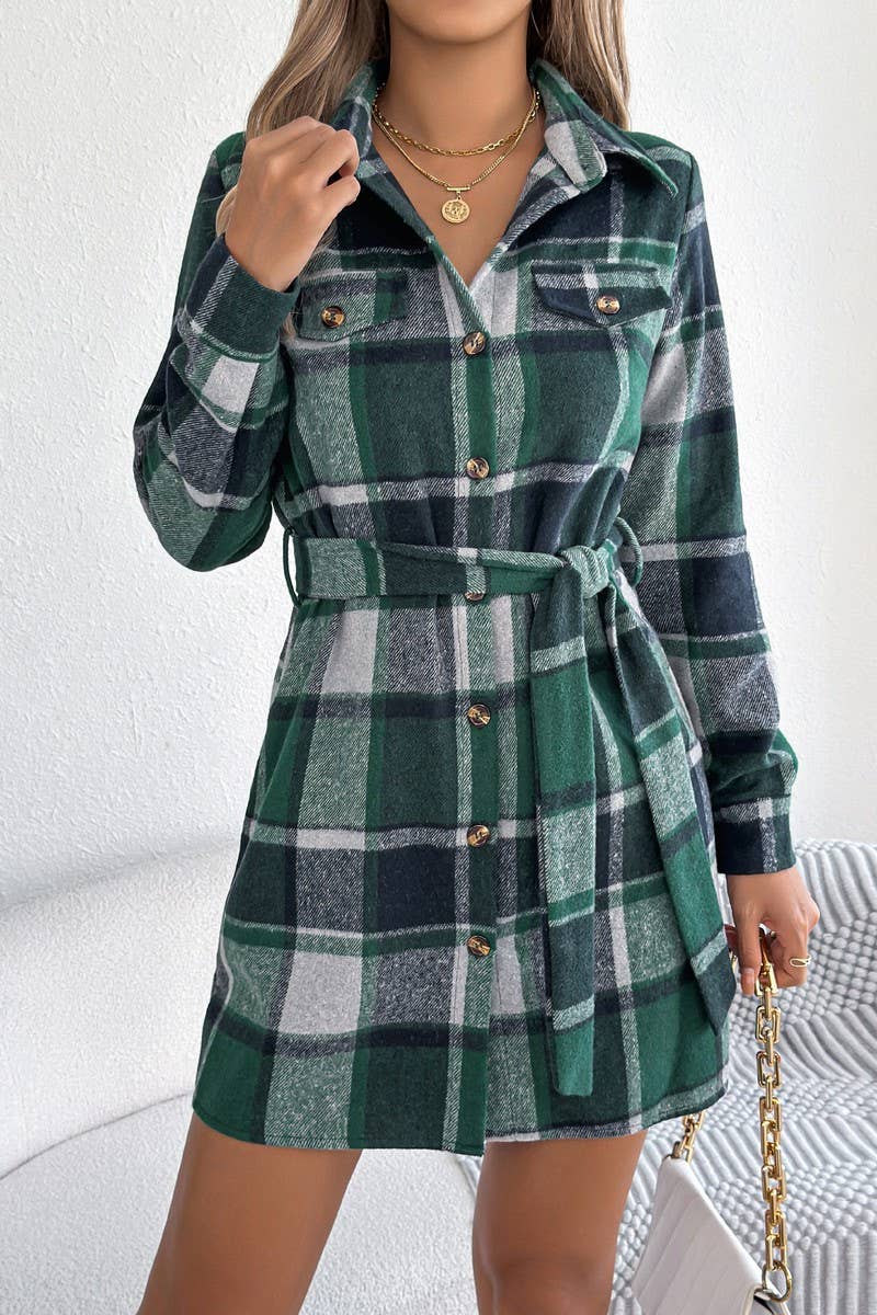 CWTDSL0124_CASUAL COLORBLOCK LONG SLEEVE PLAID SHIRT DRESS