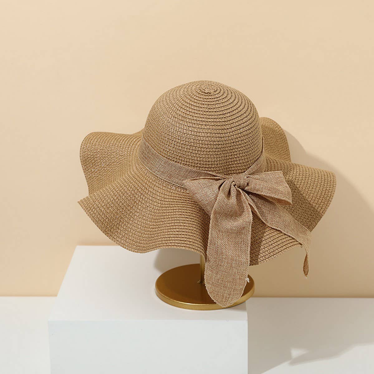 Fashion bow ribbon wide brim straw hat_CWAH3471