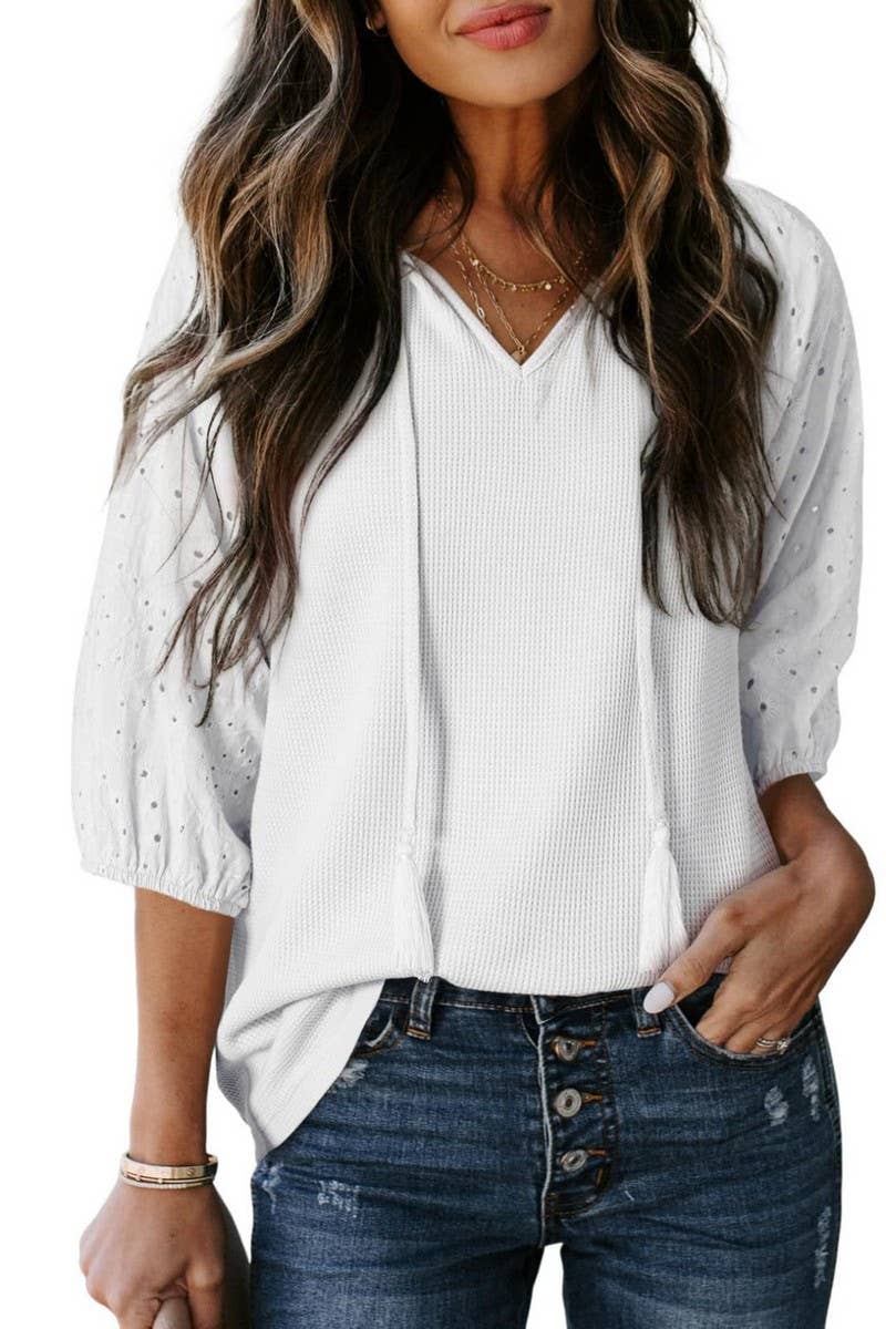 CWOHOS0021_SUMMER DRAWSTRING HOLLOW V-NECK SLEEVE T-SHIRT