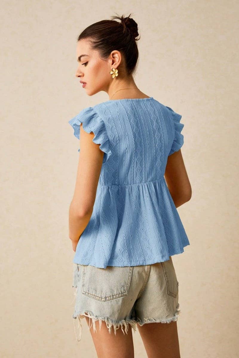 CWTBLSL0964_EYELET V-NECK RUFFLE SLEEVE LACE TRIM TEE