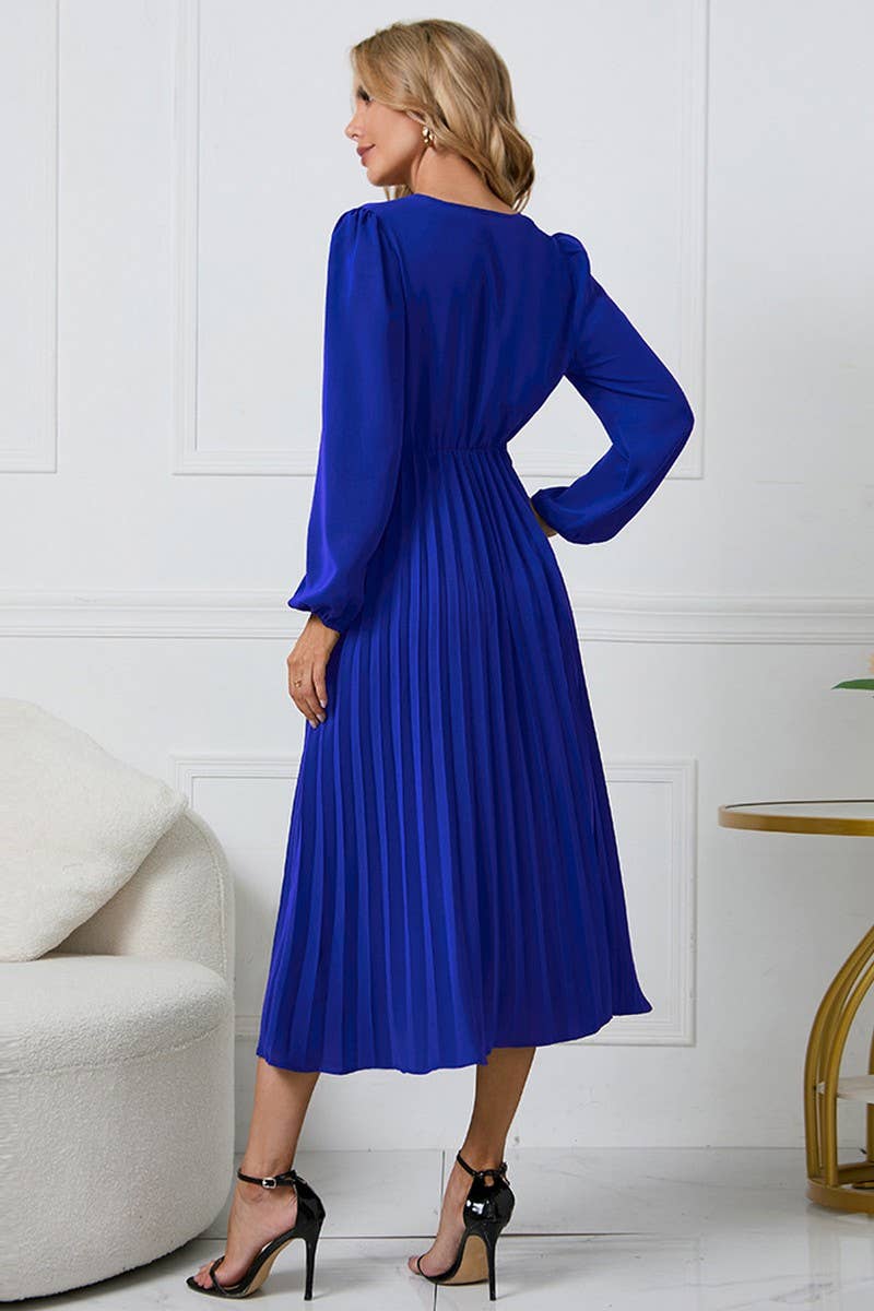 CWDMD1462_V-NECK LONG SLEEVED PLEATED DRESS