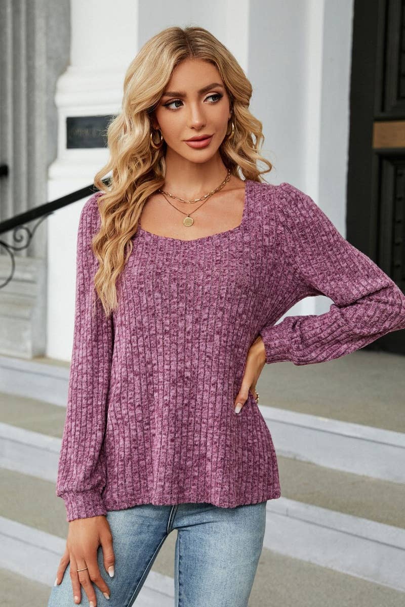 CWOSWL6538_SOLID COLOR SQUARE COLLAR LONG-SLEEVED SWEATER