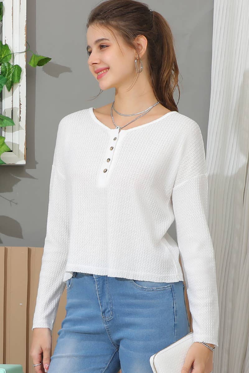 CWTTL971_LONG SLEEVE HENLEY NECK CASUAL TOP