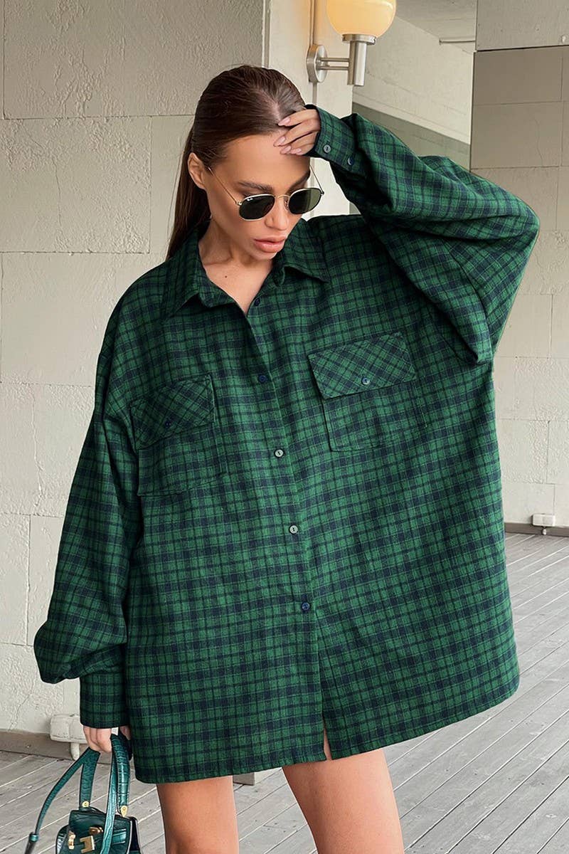 CWTBLL561_RETRO GREEN PLAID OVERSIZED LONG-SLEEVED SHIRT
