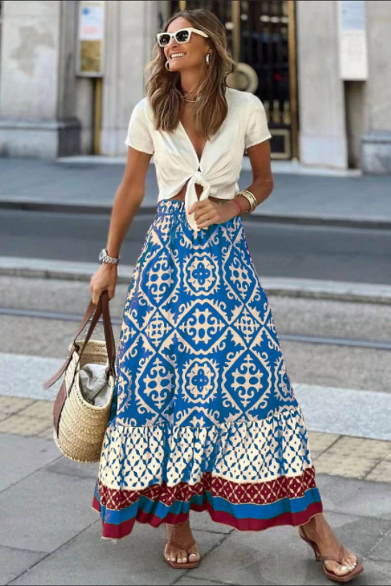 CWBLS0561_SUMMER NEW PRINTED LOOSE STITCHING BIG SWING SKIRT