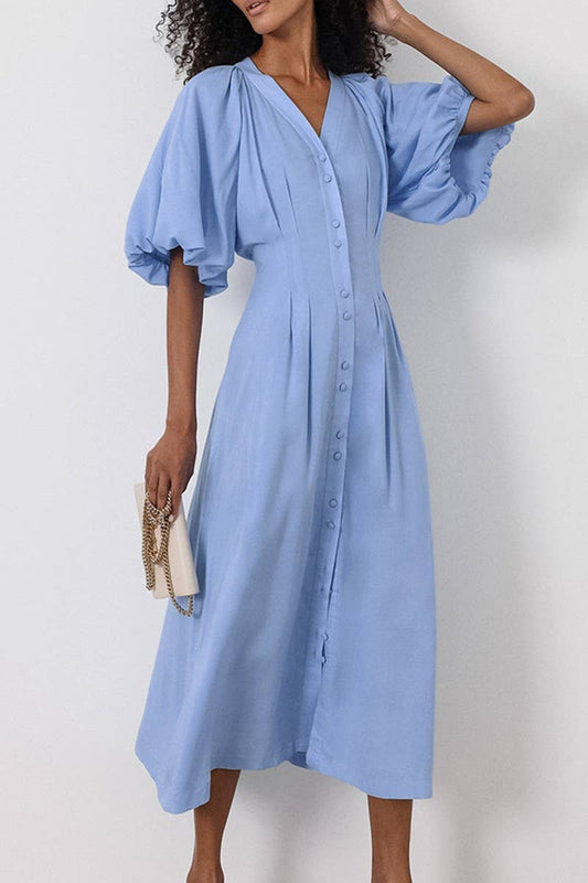 CWDMD6089_LINEN COTTON V NECK PUFF SLEEVE SLIM DRESS