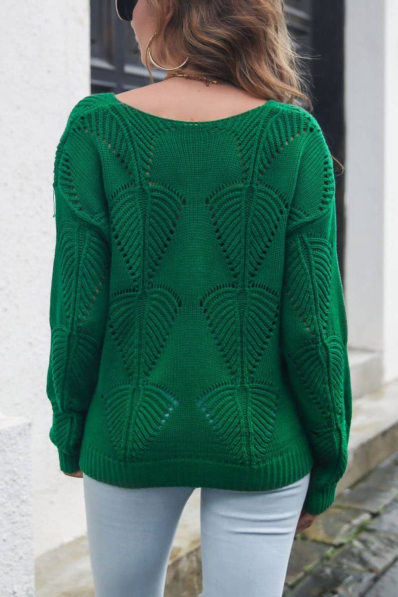 CWOSWL4197_HOLLOW LEAF V-NECK LONG SLEEVE KNITTED SWEATER