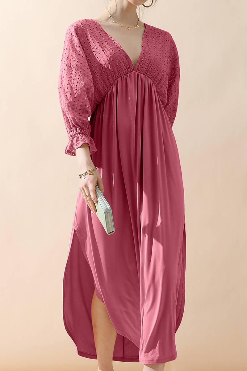 CWDMD795_3/4 SLEEVE V NECK LONG DRESS