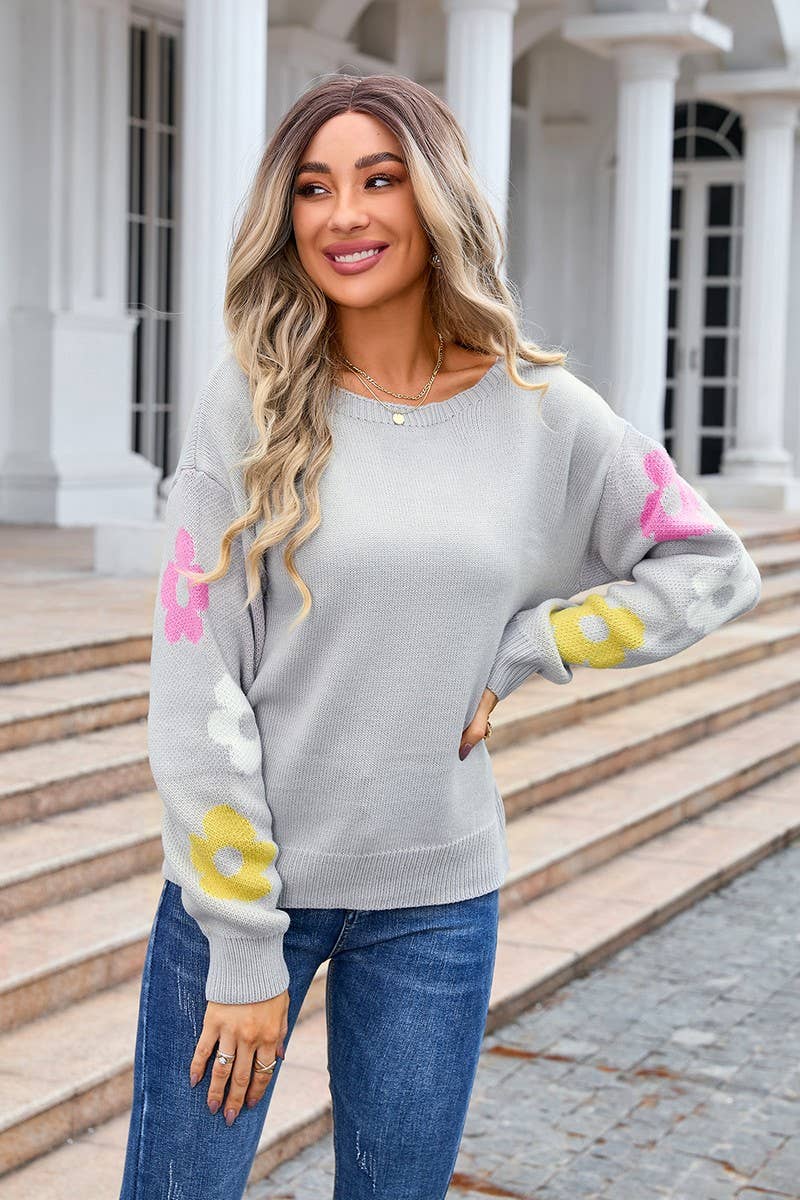 CWOSWL3118_FLORAL CREW NECK LONG SLEEVE KNIT TOP