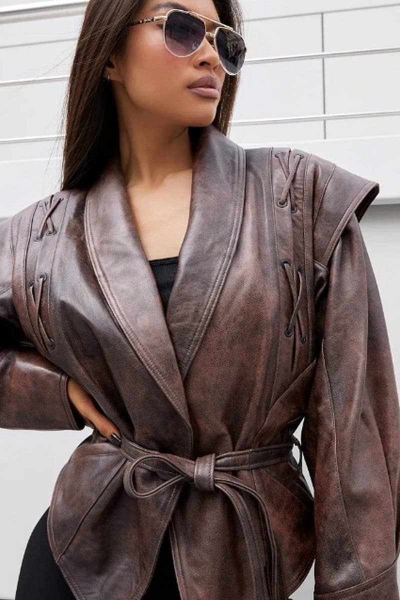 CWOCO1063_VINTAGE CASUAL LACE-UP FAUX LEATHER JACKET