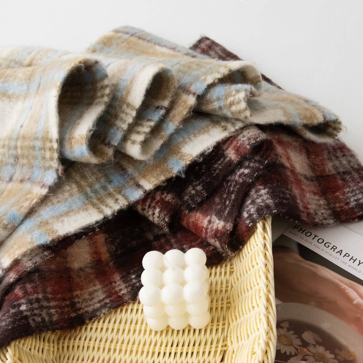 Fuzzy Plaid Scarf - Soft Tassel Wrap for Women