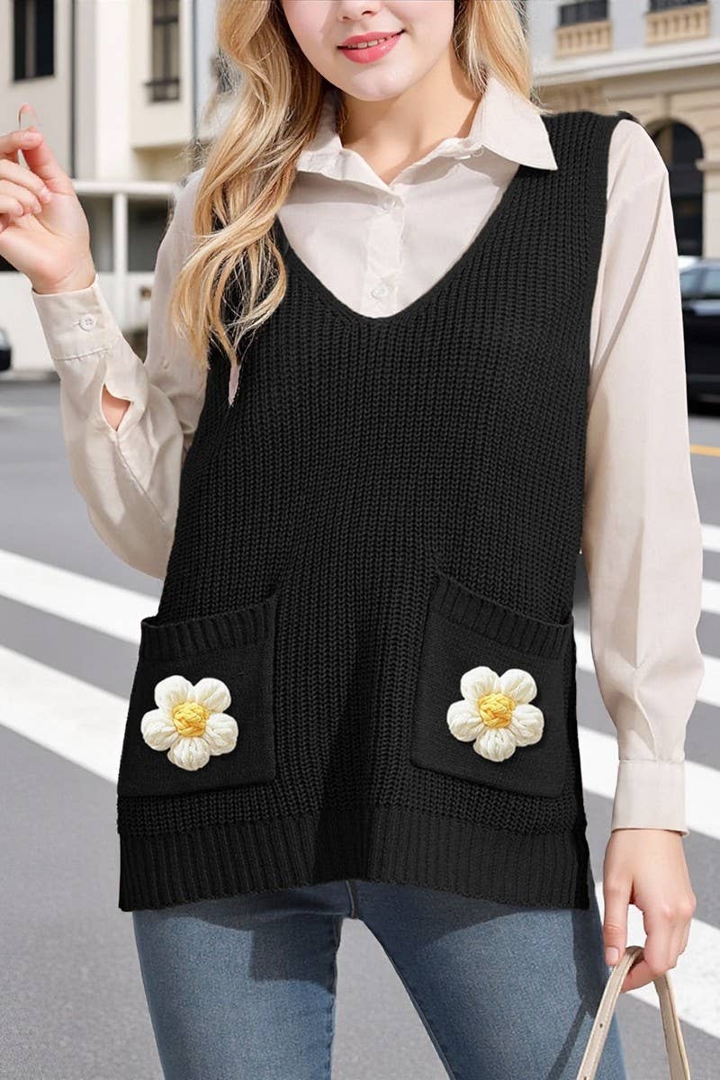 CWOJA00766_WOMEN V-NECK CROCHET PATCHWORK KNIT VEST