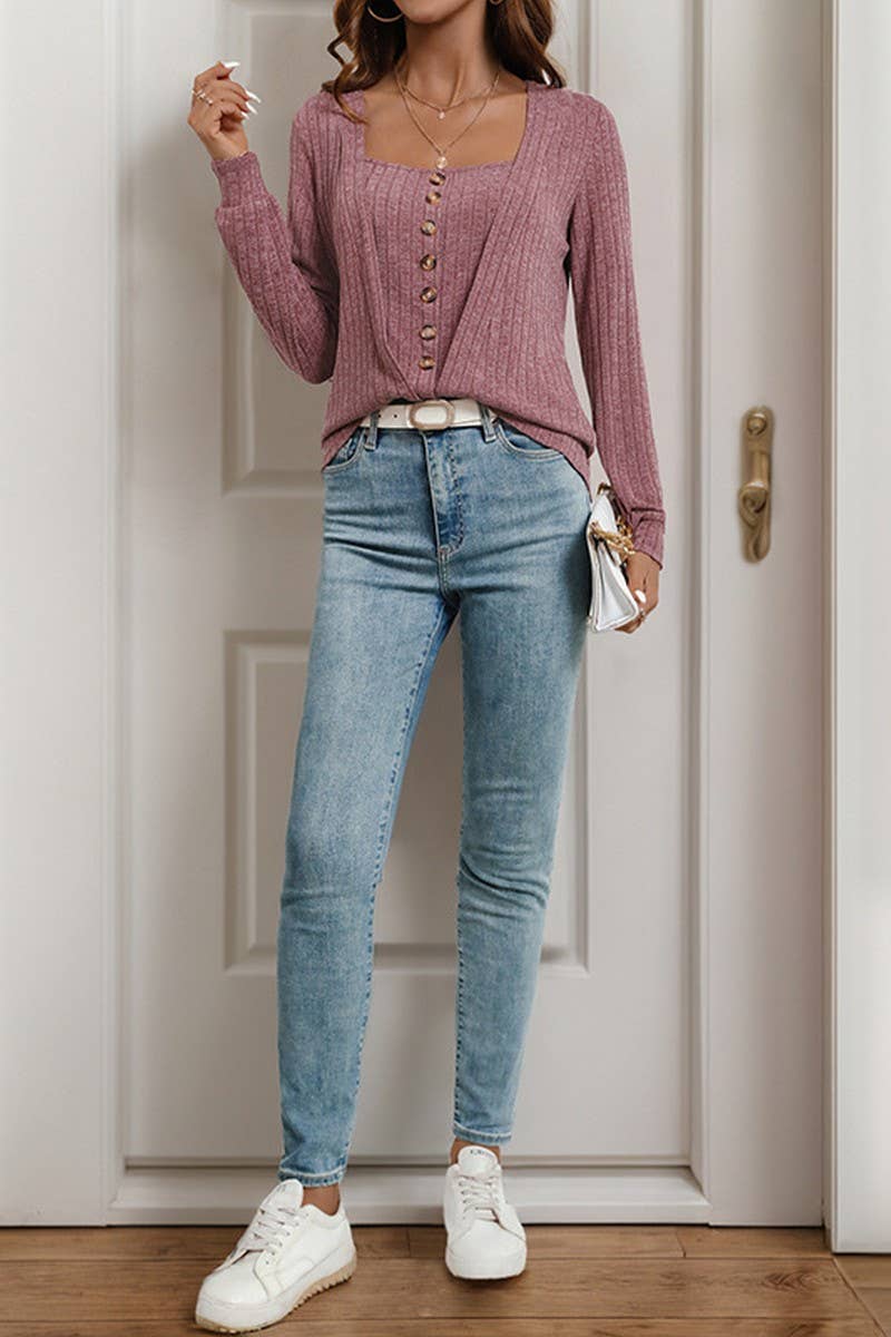 CWTBLL3712_NEW AUTUMN SQUARE COLLAR FRENCH KNITTED T-SHIRT