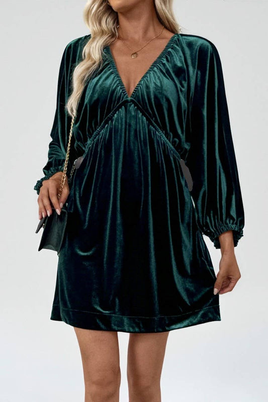 CWDSD10595_LANTERN SLEEVES SHIRRED DEEP V NECK VELVET DRESS