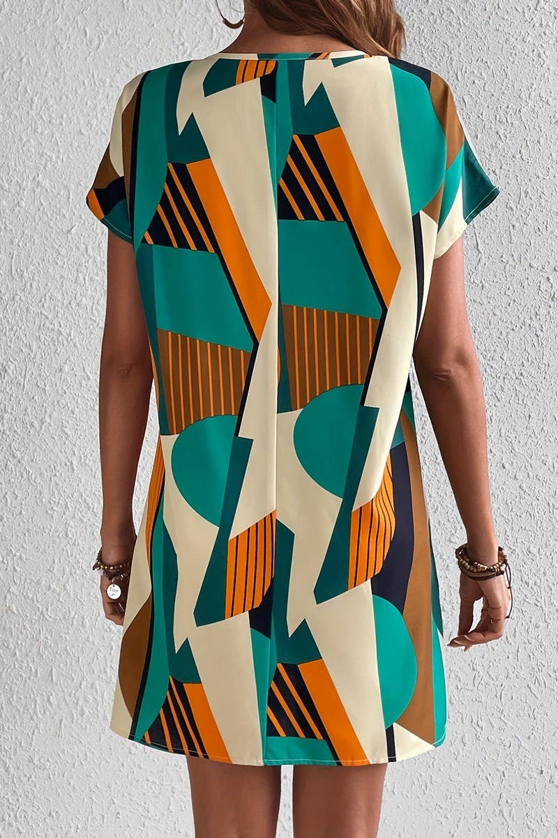 CWDSD7859_COLORBLOCK V-NECK LOOSE A-LINE VACATION DRESS