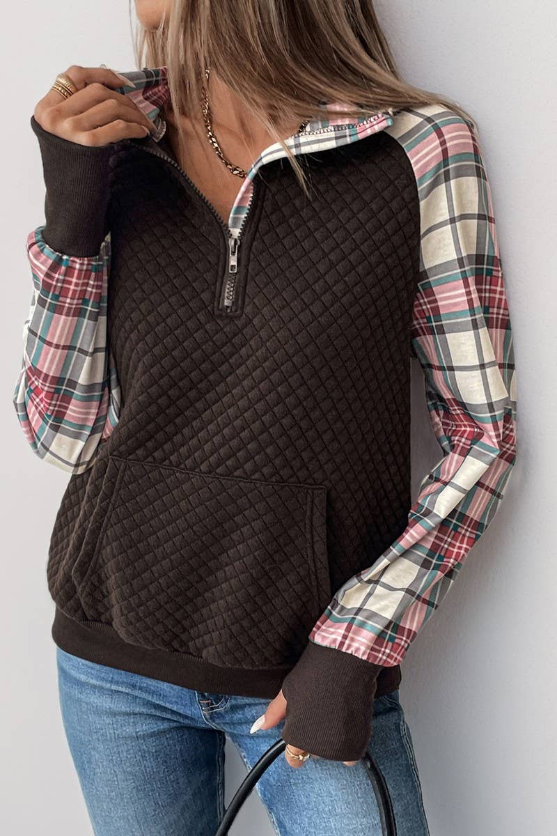 CWTBLL3715_RETRO PLAID STITCHING RETRO PULLOVER SWEATSHIRT
