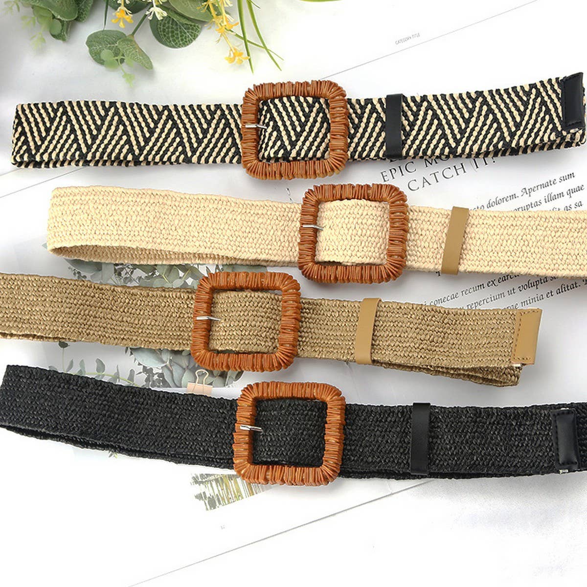 CWABE1188_NEW STYLE SQUARE BUCKLE PP STRAW WOVEN WAIST BELT