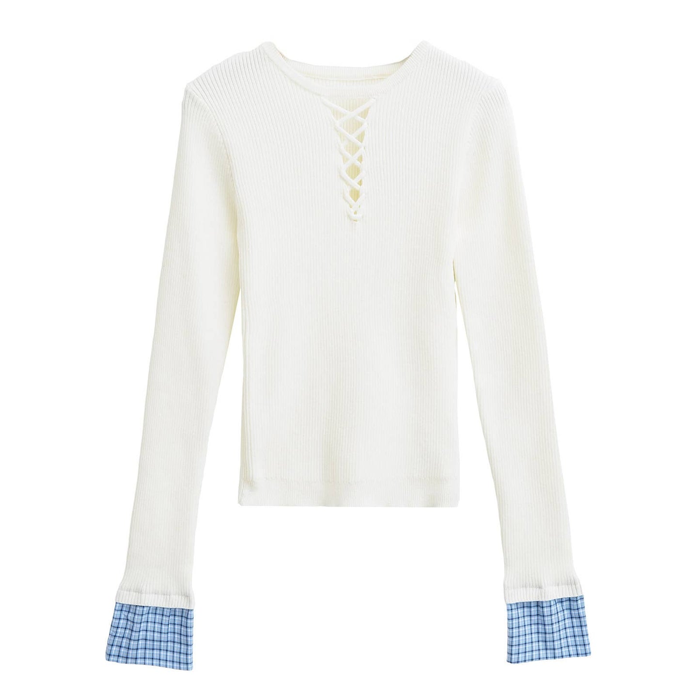 CONTRASTING PLAID PATCHWORK LONG-SLEEVED KNITWEAR