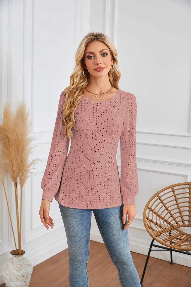 CWTBLL4098_ROUND NECK EYELET PUFF SLEEVE LONG SLEEVE T-SHIRT