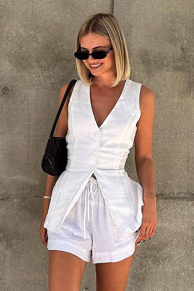 CWSTB1810_COTTON-LINEN SIMPLE SOLID VEST & SHORTS SET