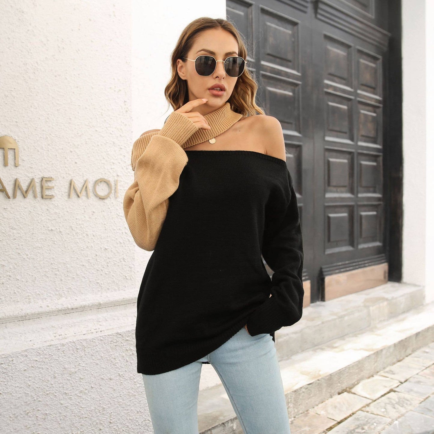 DESIGN SENSE LINE NECK LOOSE SWEATER LADY
