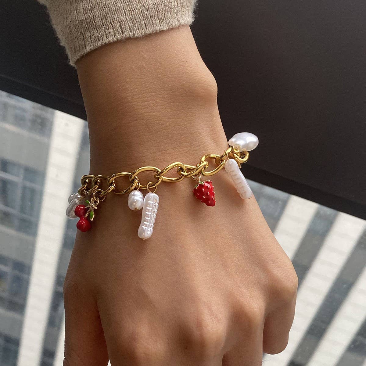 18K Gold Pearl Enamel Bracelet, Stainless Steel_CWAJE4845