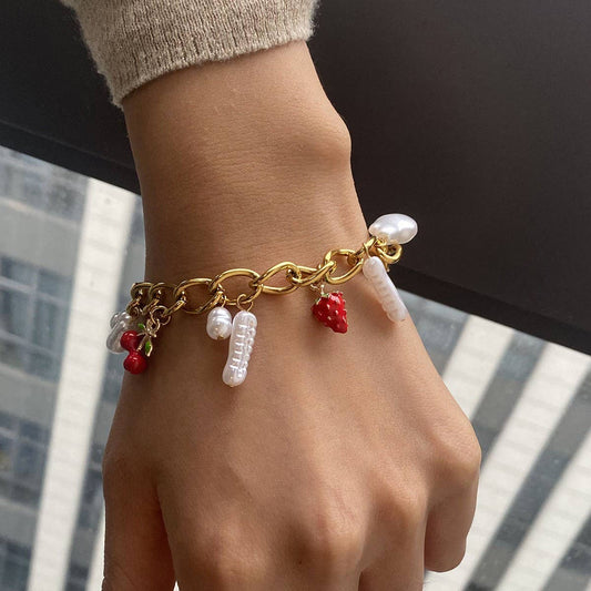 18K Gold Pearl Enamel Bracelet, Stainless Steel_CWAJE4845