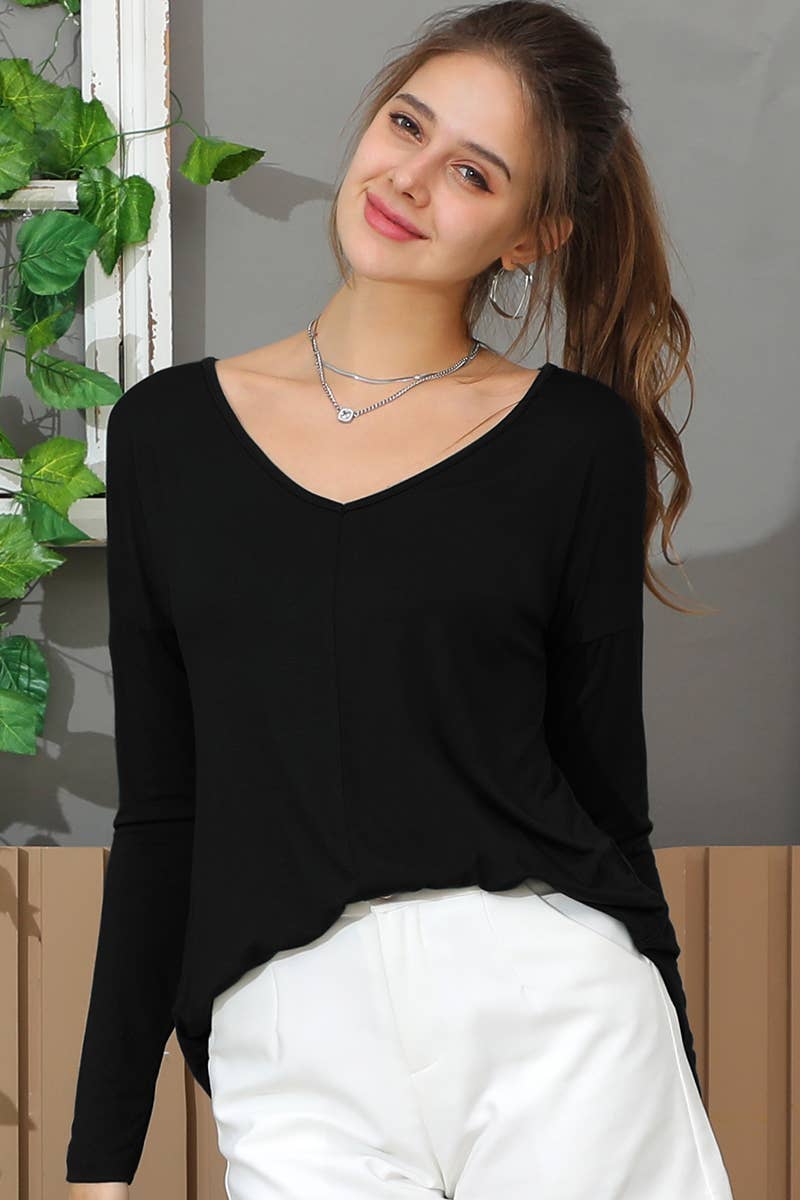 CWTTL1484_Casual V-Neck Loose Fit Long Sleeve Tops