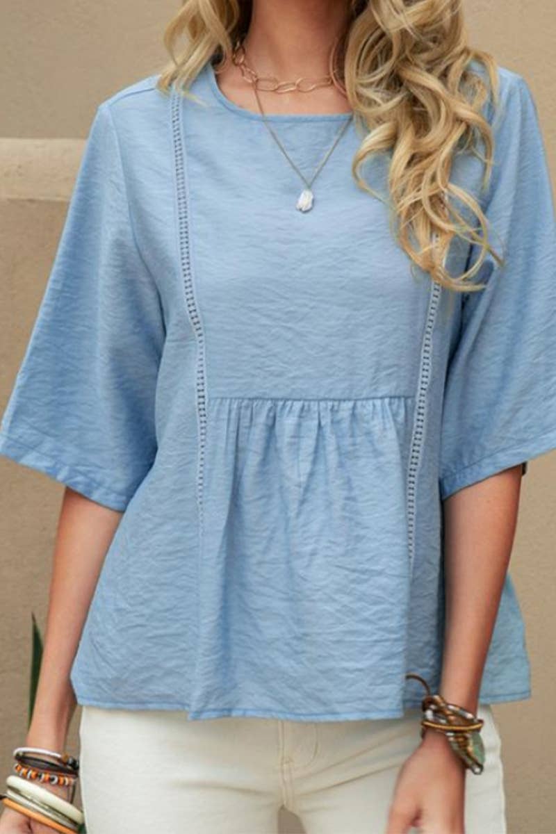 CWTBLS2330_LACE HOLLOW CASUAL SOLID COLOR MID-SLEEVE SHIRT