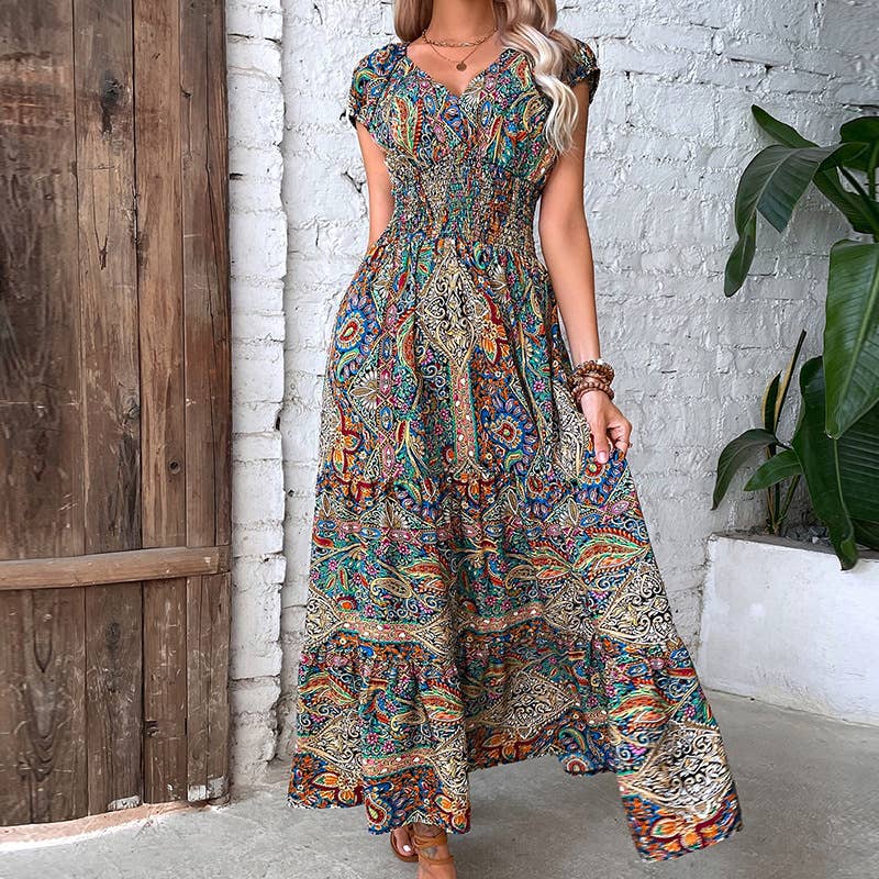 Boho style cable waist swing V-neck long dress
