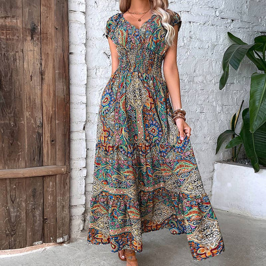 Boho style cable waist swing V-neck long dress