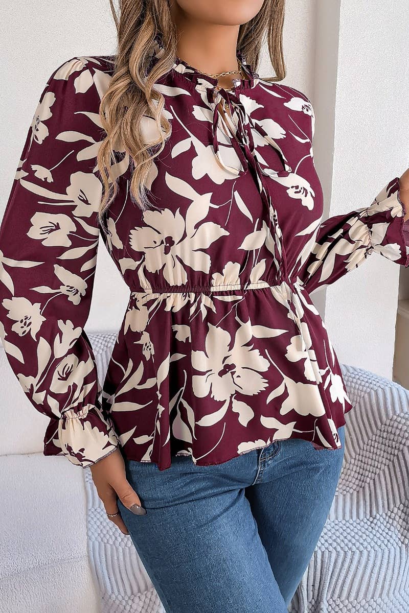 CWTBLL0954_CASUAL FLORAL LACE-UP LONG-SLEEVED CHIFFON TOP