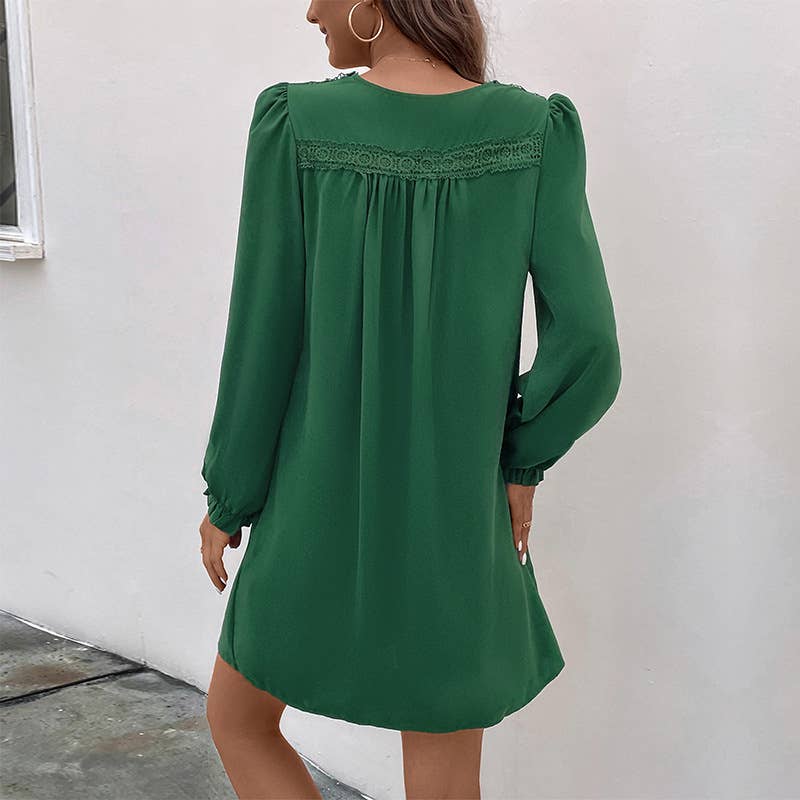 DEEP V-NECK PLEATED LONG-SLEEVED DRESS
