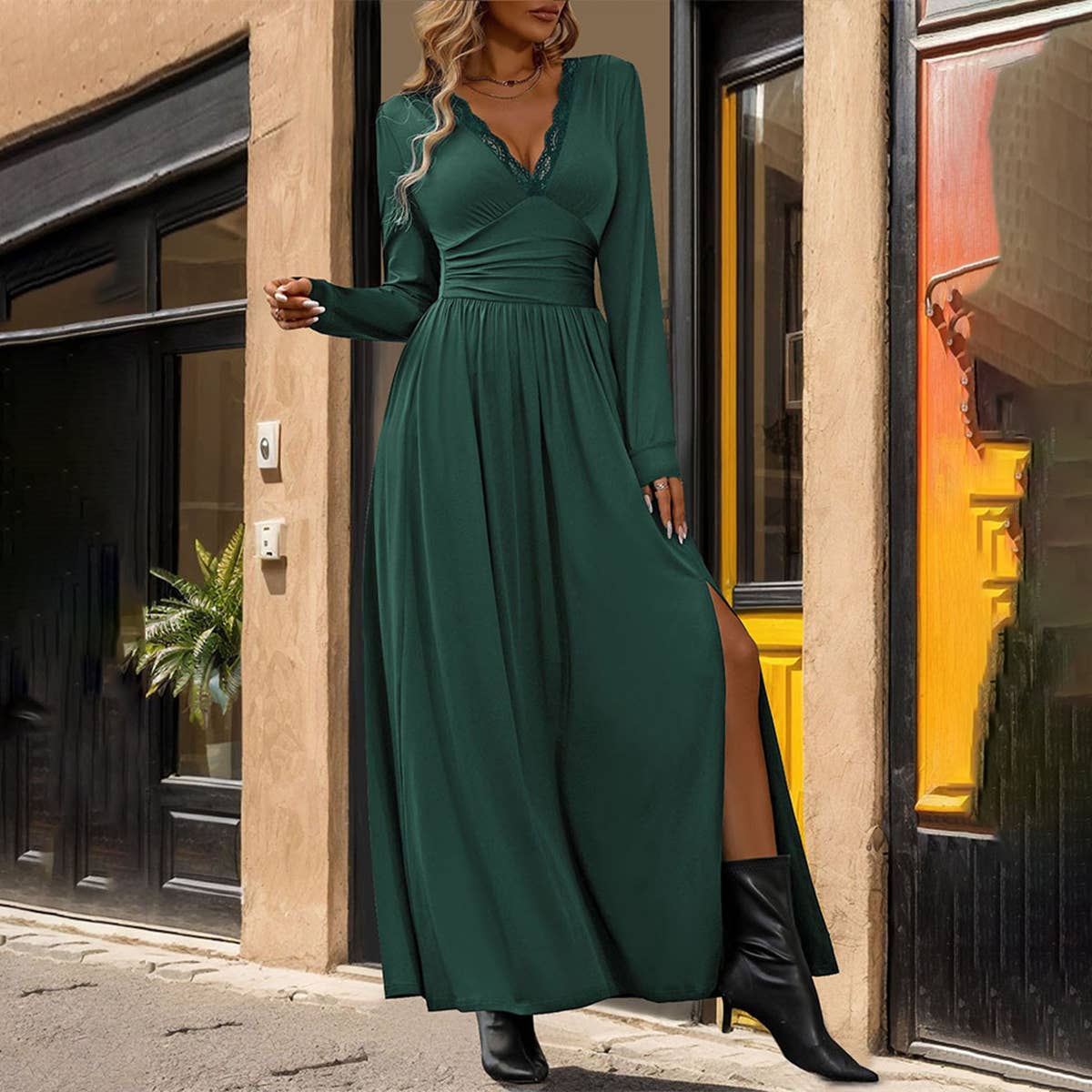 DEEP V-NECK SOLID SLIT LONG SLEEVE WAIST DRESS