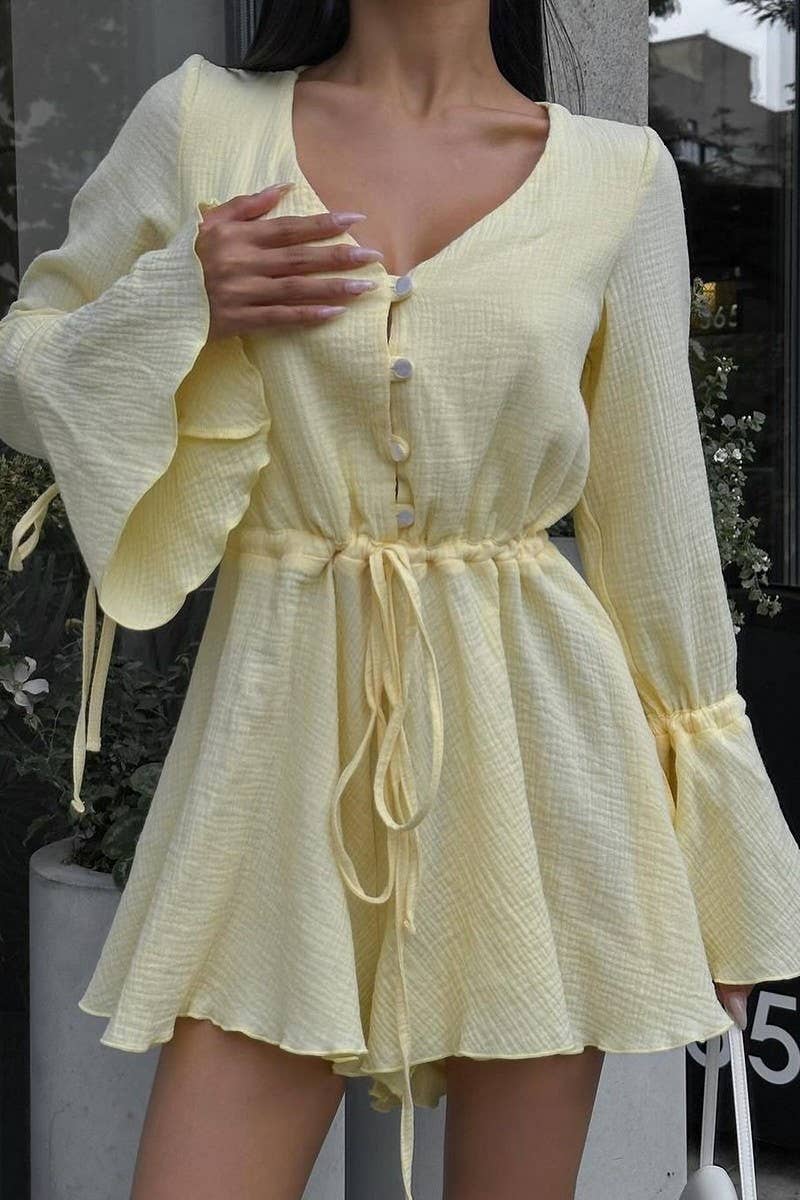 CWSJS1246_DRAWSTRING TRUMPET SLEEVES V-NECK JUMPSUIT