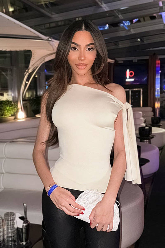 CWTBLL3315_SOLID COLOR ONE SHOULDER RIBBON SLEEVELESS TOP