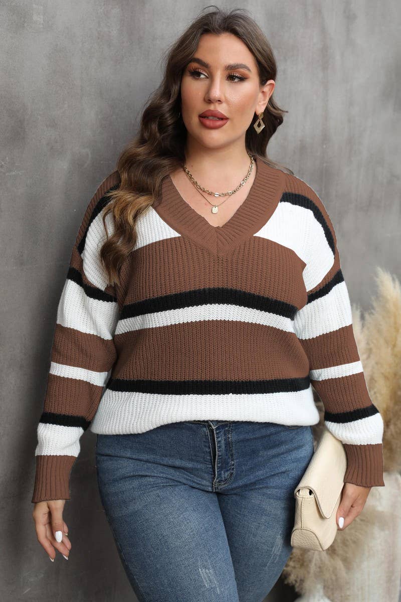 CWOSWL1583_PLUS Size V-Neck Long Sleeve Pullover Sweater