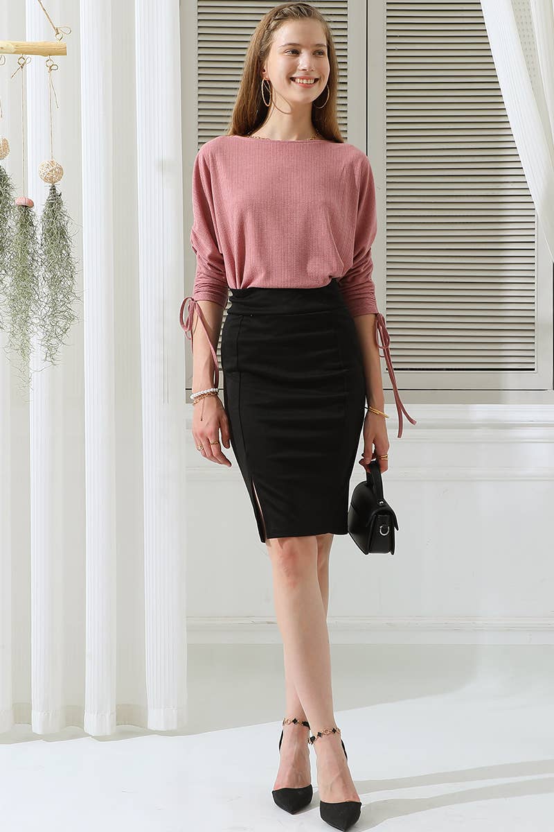 CWTTS680_Casual Ruched 3/4 Sleeve Round Neck Loose Fit Tops