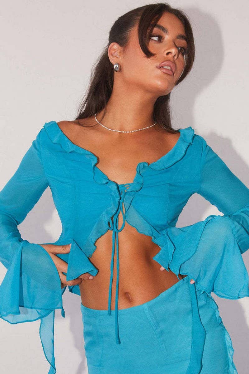 CWSTB2031_RUFFLE FRINGE LONG SLEEVE BODYCON SKIRT SET