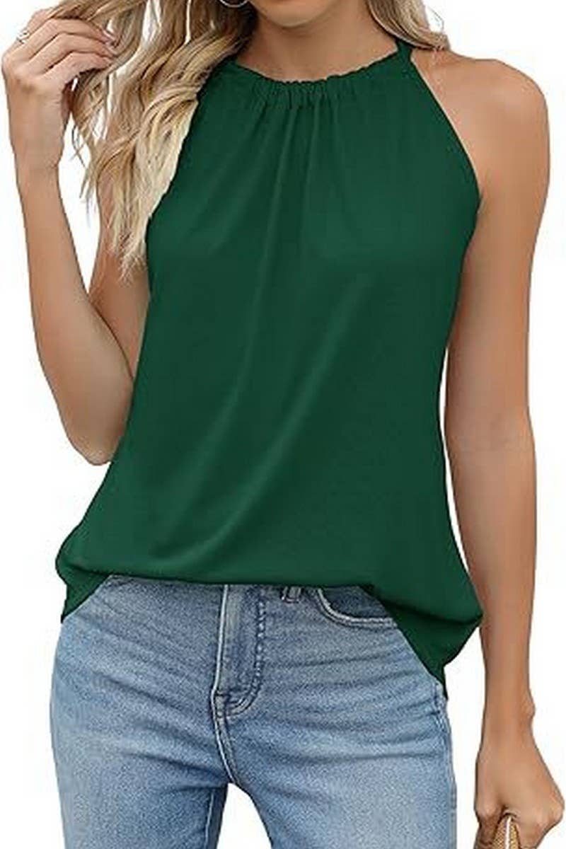 CWTBLSL0909_CASUAL SOLID RUCHED TIE NECK SLEEVELESS TOP