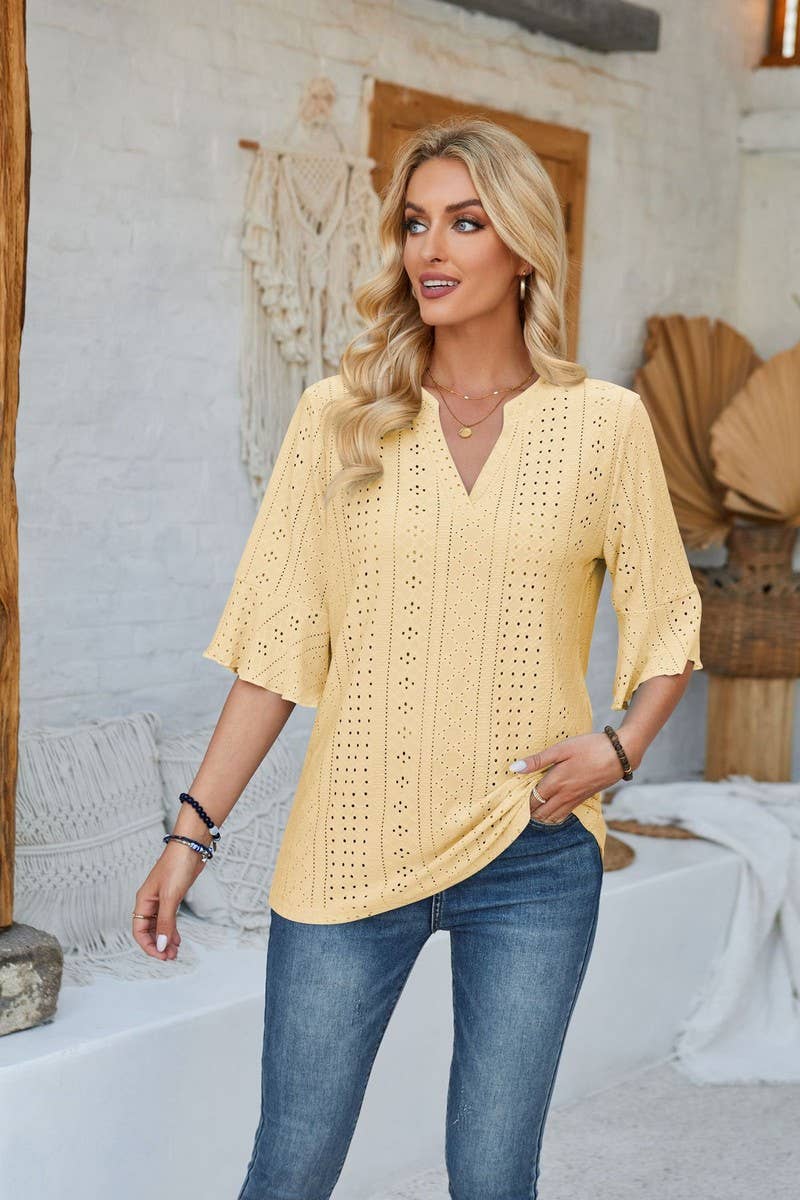 CWTTS00711_LOOSE V-NECK THREE-QUARTER SLEEVE TOP