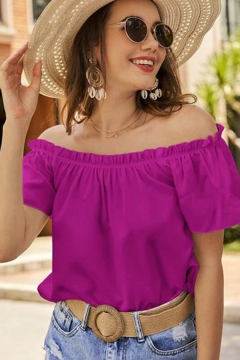 CWTBLS1493_SOLID COLOR OFF-SHOULDER RUFFLE SHIRT TOP