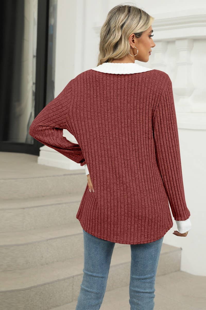 CWTBLL1874_CONTRAST COLOR LAPEL LONG SLEEVE LOOSE TOP