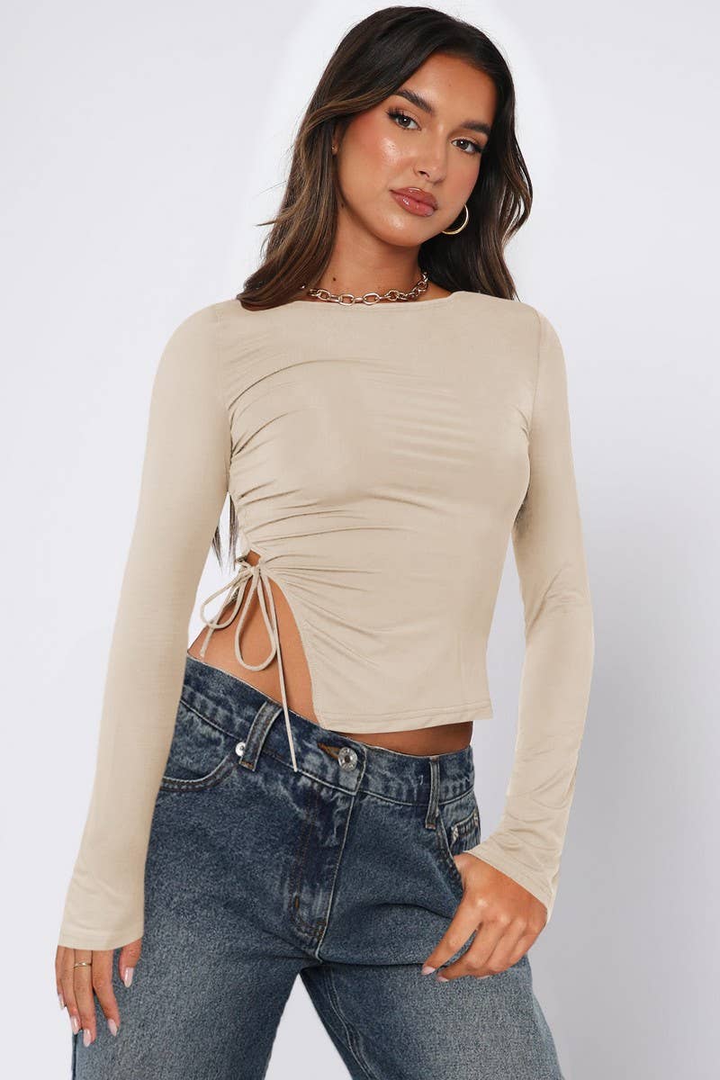 CWTTL2058_SEXY SLIT LACE-UP STRAIGHT SHOULDER T-SHIRT